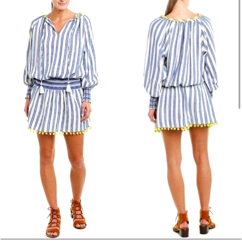 Tessora Luisa Embroidered Stripe Neon Pom Pom Embellished Shift Dress